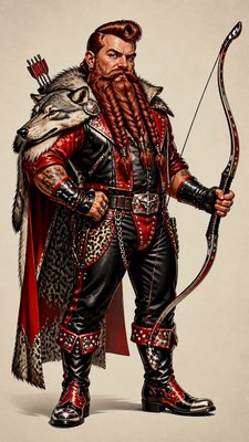 full-body original character: a dwarven ranger with a braided auburn beard, worn leather armor, a longbow and a wolf-pelt cloak, neutral background, no text