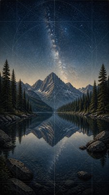 a tranquil mountain lake beneath a starry night sky, no people, no text