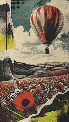 a hot air balloon drifting over rolling flower fields on a sunny day, cheerful, no text