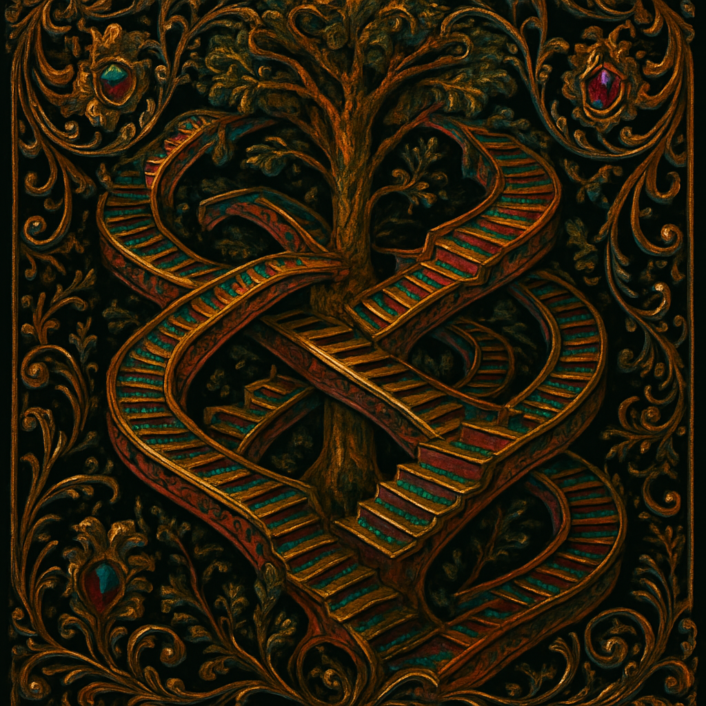 in the style of M.C. Escher, an array of endless staircases of impossible loops and bi-directional pathways, spiraling through a giant tree, Cinematic vibrant reflective jewel-toned colors, black background