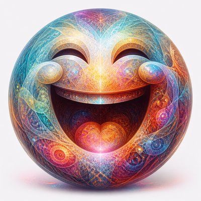 an exaggerated laughing face of an original round mascot character, bold and readable at small size, plain background, no text