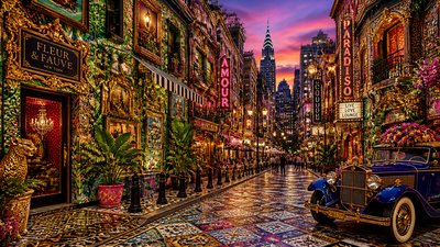 bustling city street panorama at dusk