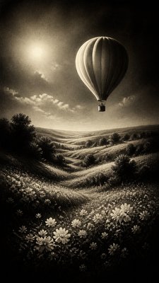 a hot air balloon drifting over rolling flower fields on a sunny day, cheerful, no text