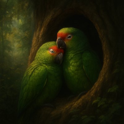 Digital Art Style, Romanticism Art Style, a tender and intimate painting inspired by Psalm 31:20, emphasizing the security of a divine dwelling place. The scene focuses on a monogamous pair of Red-lored Amazon parrots with their vibrant green plumage, distinct red and yellow markings, rendered with luminous digital detail. They are positioned at the dark, secluded entrance of a natural tree cavity, their posture conveying mutual protection and absolute contentment within their refuge. The surrounding forest is lush, with sunlight subtly illuminating the exterior, while the area immediately around the cavity entrance is bathed in a soft, ethereal glow, representing the shelter of God's presence and symbolizing the divine security of their dwelling. The overall atmosphere is one of profound safety, peace, and intimate privacy, as if they are hidden away from the world. Focus on the detailed expressions of peace on the parrots' faces, the tender intimacy of their pair bond, and the dramatic contrast between the bright forest and the secure, glowing darkness of their hidden dwelling.
