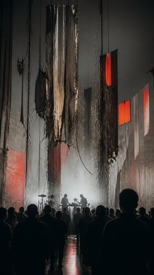 a live music scene with a glowing stage and silhouetted crowd, energetic vertical composition with open space at the top, no text