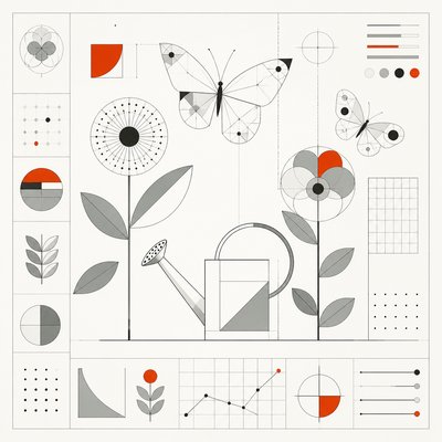a garden scene with butterflies, flowers and a watering can, clean uncolored line art, no text