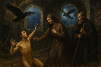 a painting of a man kneeling down next to a woman