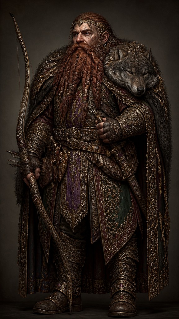 full-body original character: a dwarven ranger with a braided auburn beard, worn leather armor, a longbow and a wolf-pelt cloak, neutral background, no text