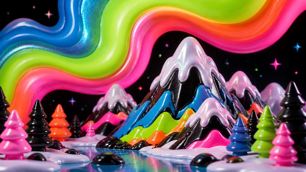 a flowing aurora over snowy peaks, wide sweeping composition, no people, no text