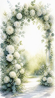 an arch of white roses and eucalyptus in soft morning light, elegant vertical composition with open space, no text