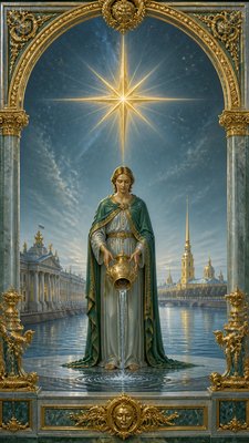 a robed figure pouring water beneath a large eight-pointed star in a night sky, symmetrical composition with an ornate decorative border, no text