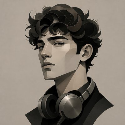 head-and-shoulders portrait of an original character: a young man with curly dark hair and headphones around his neck, plain backdrop, no text