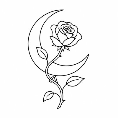 a rose entwined with a crescent moon, clean balanced composition on a plain background, no text