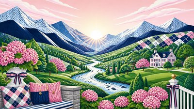 a vast valley with a river winding toward distant mountains at sunrise, no people, no text
