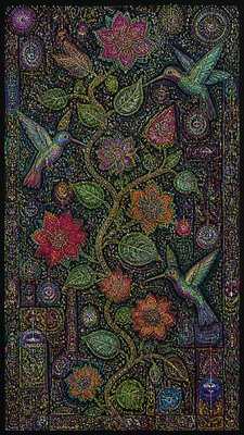 a climbing vine of flowers and hummingbirds on a dark background, tall wrapping composition, no text
