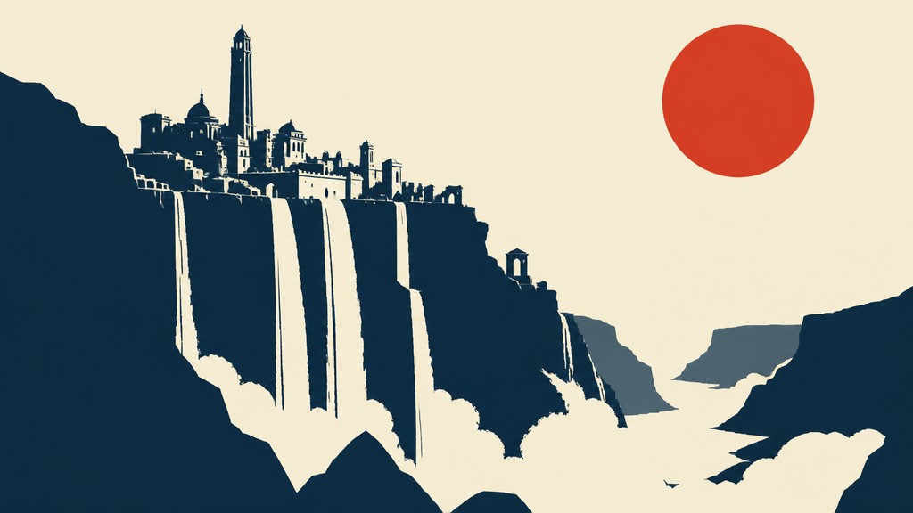 a cliffside city with waterfalls cascading into a misty canyon, wide establishing shot, no people, no text