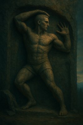 a painting of a man standing in front of a stone wall