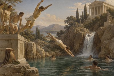 group of ancient greek athletes run and jump into a deep pool and stream
