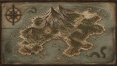 a map of an island realm with mountains, forests, a sheltered bay, sea monsters in the water and a compass rose, no text labels