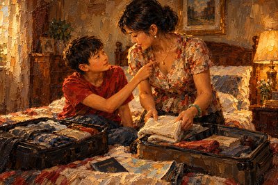 a painting of a woman and a child sitting on a bed