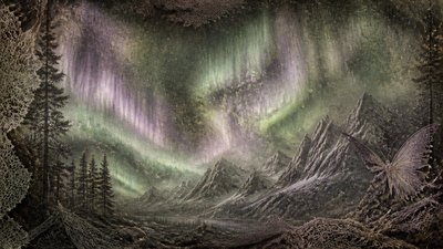 a flowing aurora over snowy peaks, wide sweeping composition, no people, no text