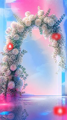 an arch of white roses and eucalyptus in soft morning light, elegant vertical composition with open space, no text