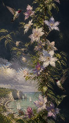 a climbing vine of flowers and hummingbirds on a dark background, tall wrapping composition, no text