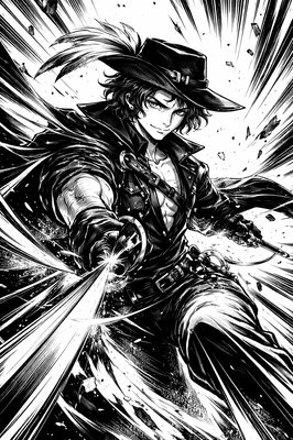 a black and white drawing of a man with a sword