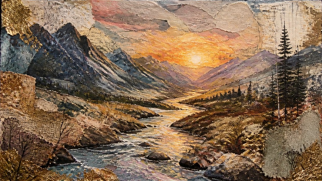a vast valley with a river winding toward distant mountains at sunrise, no people, no text
