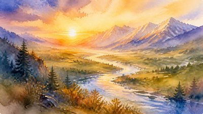 a vast valley with a river winding toward distant mountains at sunrise, no people, no text