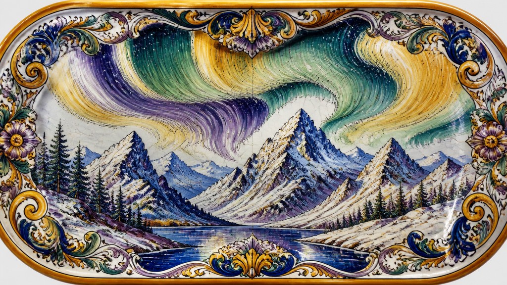 a flowing aurora over snowy peaks, wide sweeping composition, no people, no text