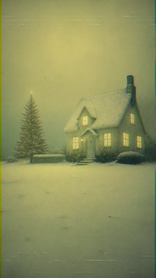 a snow-covered cottage with warm glowing windows beside a decorated pine tree, gentle snowfall, no text