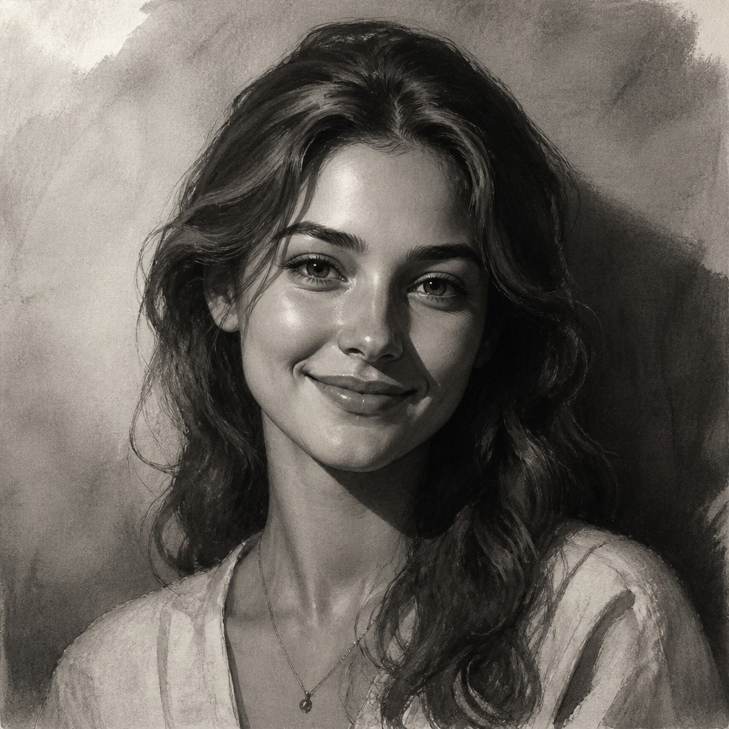 head-and-shoulders portrait of an original character: a young woman with wavy chestnut hair and a warm smile, plain soft backdrop