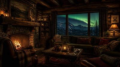 a flowing aurora over snowy peaks, wide sweeping composition, no people, no text