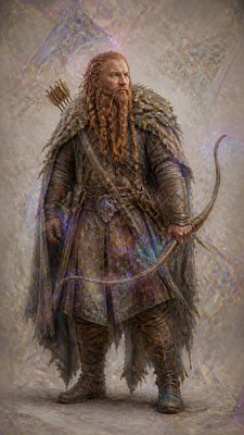 full-body original character: a dwarven ranger with a braided auburn beard, worn leather armor, a longbow and a wolf-pelt cloak, neutral background, no text
