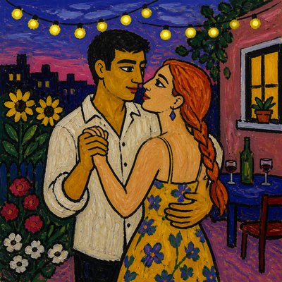 an original couple dancing under string lights in a garden at dusk: a man with short black hair in a linen shirt and a woman with braided red hair in a summer dress