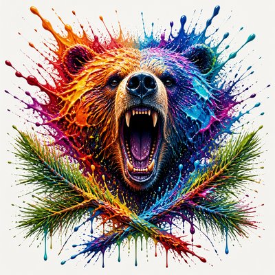 a roaring bear head above crossed pine branches, bold graphic composition on a plain background, no text