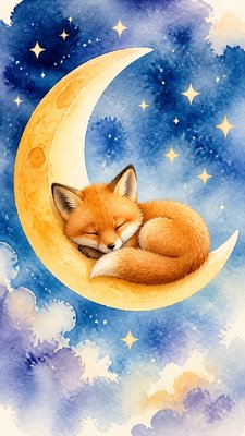 a sleeping baby fox curled on a crescent moon among soft stars, gentle and warm, no text