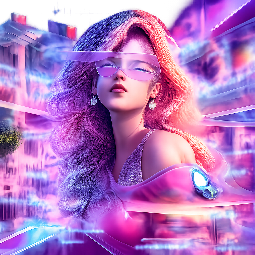Vaporwave portrait of a retro girl with glitch effects and neon grids, Greco-Roman architecture cyan and magenta palette, surreal 80s mall aesthetic