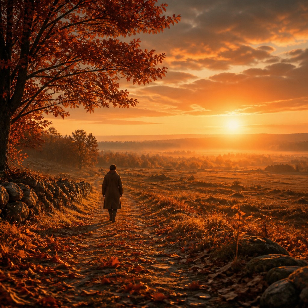 a solitary figure walking toward a glowing horizon across an empty plain, moody atmosphere, no text or lettering