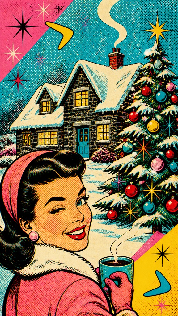 a snow-covered cottage with warm glowing windows beside a decorated pine tree, gentle snowfall, no text