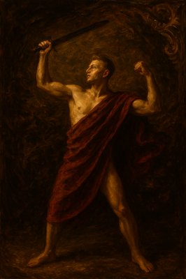 a painting of a man holding a sword