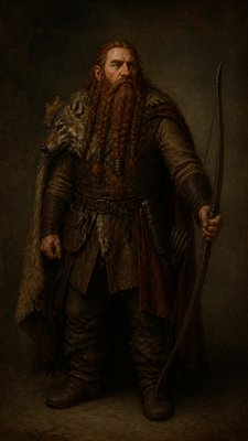 full-body original character: a dwarven ranger with a braided auburn beard, worn leather armor, a longbow and a wolf-pelt cloak, neutral background, no text