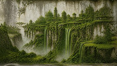 a cliffside city with waterfalls cascading into a misty canyon, wide establishing shot, no people, no text
