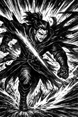 a black and white drawing of a man with a sword