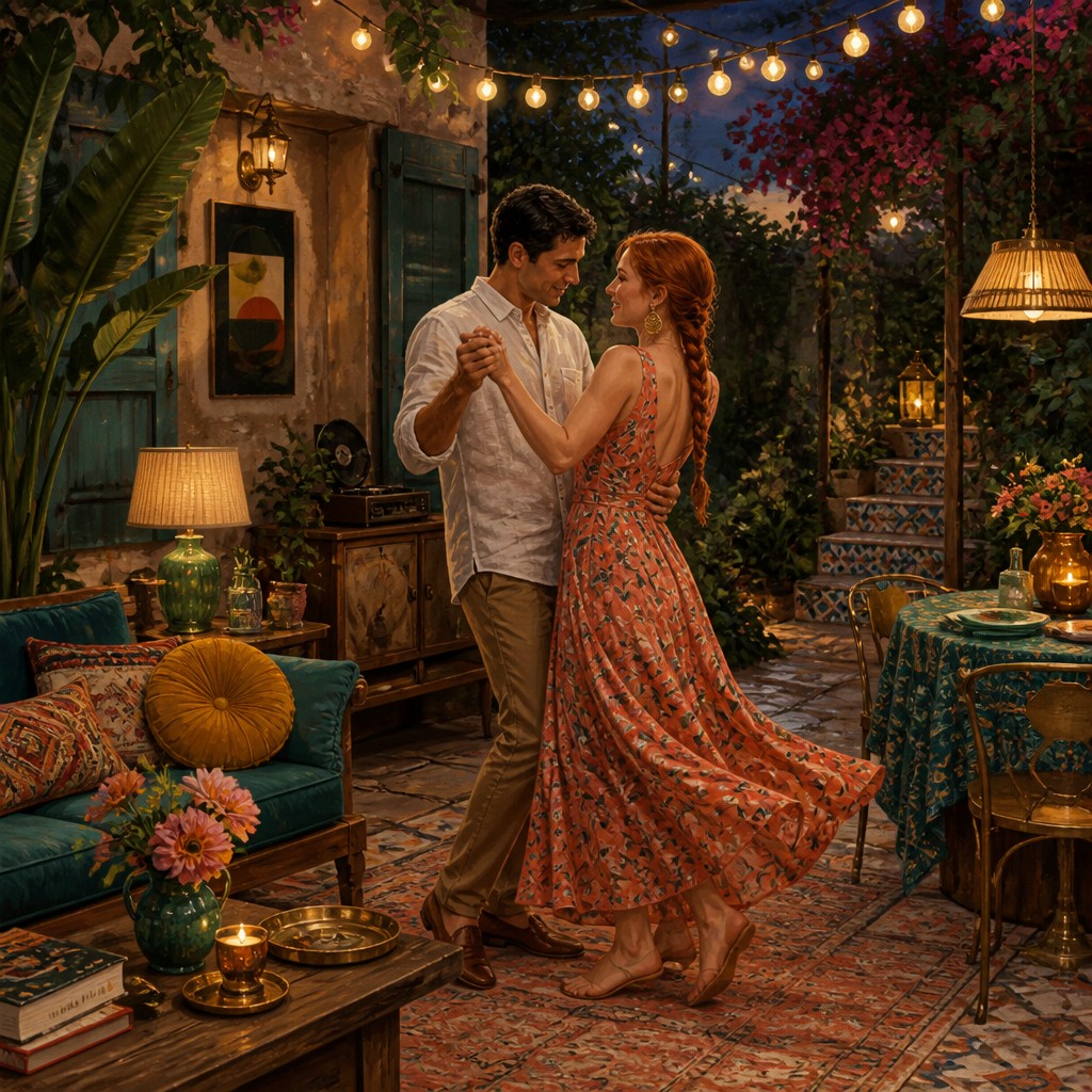 an original couple dancing under string lights in a garden at dusk: a man with short black hair in a linen shirt and a woman with braided red hair in a summer dress