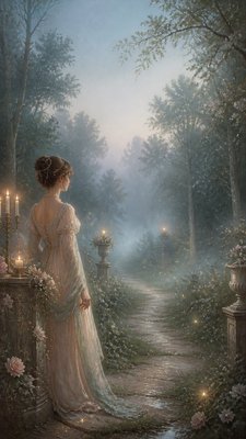 a mysterious forest path with fireflies and drifting mist, atmospheric vertical composition with open space at the top, no text