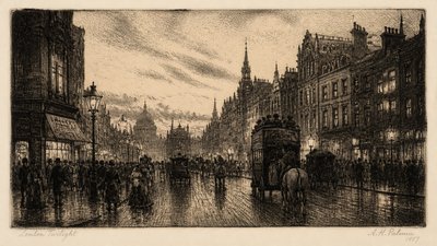 bustling city street panorama at dusk