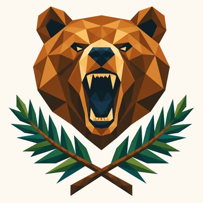 a roaring bear head above crossed pine branches, bold graphic composition on a plain background, no text