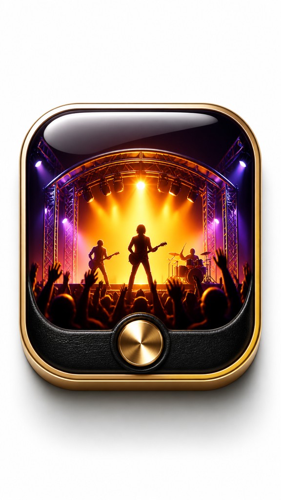 a live music scene with a glowing stage and silhouetted crowd, energetic vertical composition with open space at the top, no text